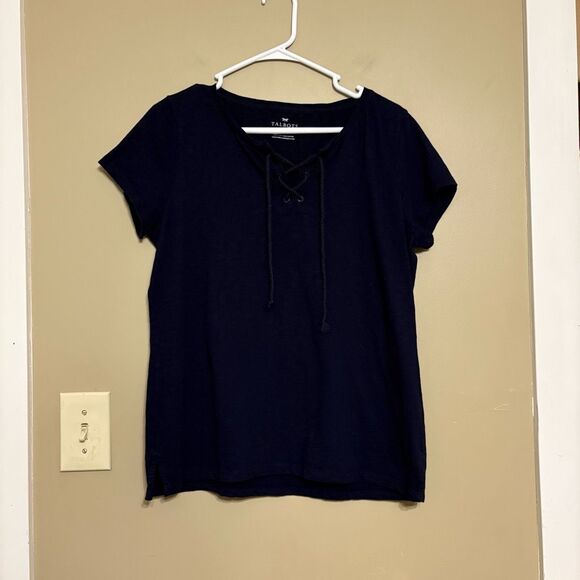 Talbots Tops - Talbots Short Sleeve Navy Blue Lace Up Cotton T-shirt Petite Large